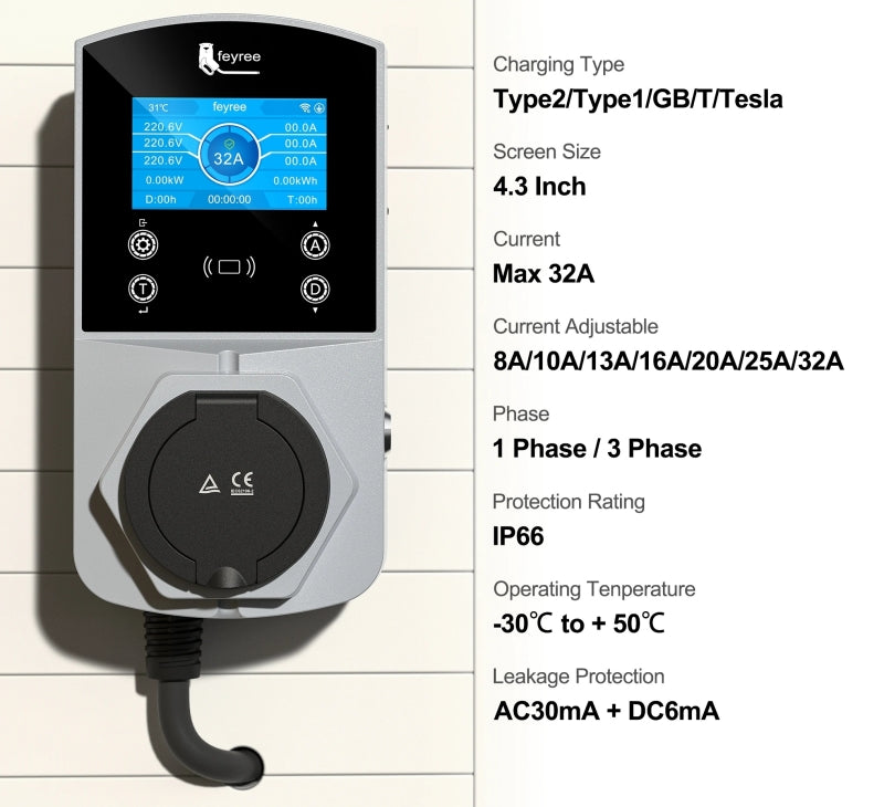 Feyree wall-mount EV charging stations 22kw AC ev charger no charging cable Compatible with Type 2 Type 1 NACS GBT Standard car