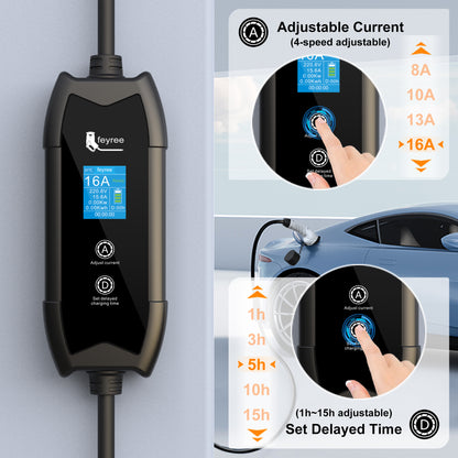 Feyree Portable ev Charger Level 2 3.5KW 16A adjustable charging plug ev charging stations LED light for evse electric vehicle