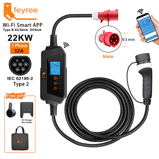 Feyree portable 22kw ev charger 3Phase Type2 Portable EV Charger Wi-Fi APP Control EVSE Charging Box Charging Station for Electric Car Charger